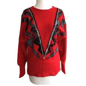 Diani Pullover Red Sweater Sequined Detail Crew Neck Grandmacore Long Sleeve S